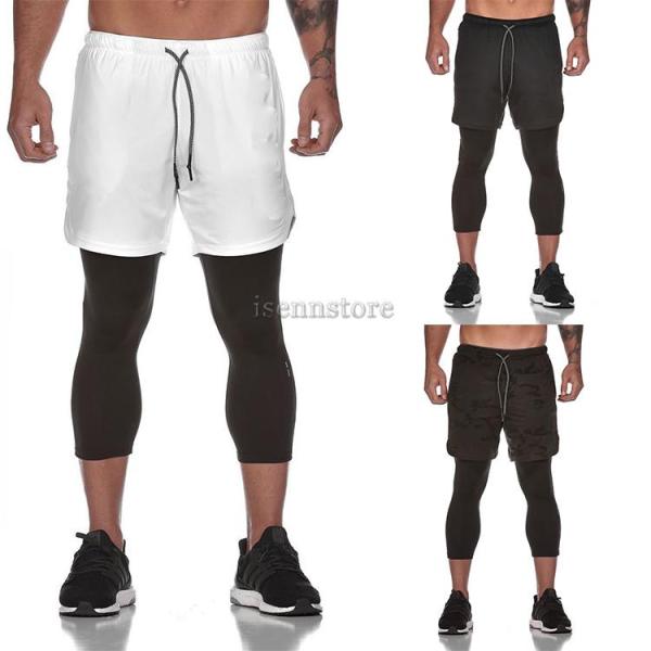 タイツ付きハーフパンツ メンズ フィットネスウェア スポーツ ショートパンツ 短パン ボトムス タイト 伸縮 トレーニングパンツ カジュアル