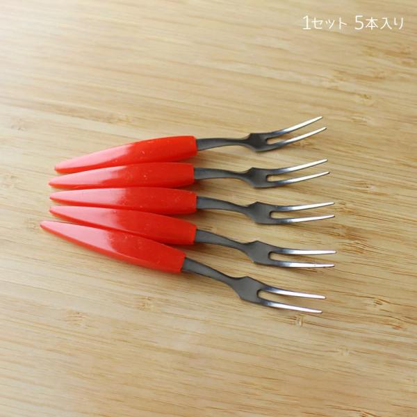 【商品名】赤いヒメフォーク 1セット（５本入り）【規格】アウトレット【サイズ】　約10.2cm×約0.8cm　高さ：約0.6cm【重量】1本 約4g【素材】ステンレス、ポリプロピレン　電子レンジ…NG　食器洗浄機…NG　オーブン…NG【商品...