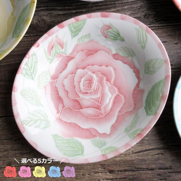 カレー皿 24.5cm オーバル皿 深皿 楕円皿 食器 プレート バラ柄 ローズ柄 薔薇 パスタ 日本製 陶磁器 / ローズ オーバルカレー皿（5色選択）24.5cm×21cm