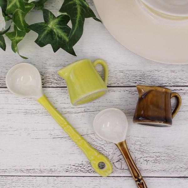 【商品名】陶器製1人用ミルクピッチャー&amp;ツートンカラースプーン セット(2色選択) 【規格】アウトレット【サイズ】ミルクピッチャー：直径 約3.1cm / 口径 約2.5cm / 持ち手から注ぎ口まで 約4.3cmスプーン：約11....