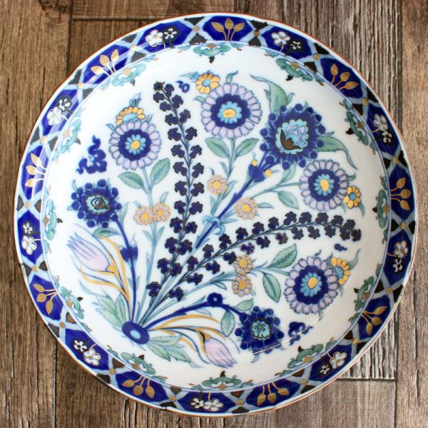 【イズニック陶器】手描き大皿／トルコ伝統文様／花模様 大皿 トルコ IZNIK モザイク タイル 飾り皿 青い花柄 高級食器