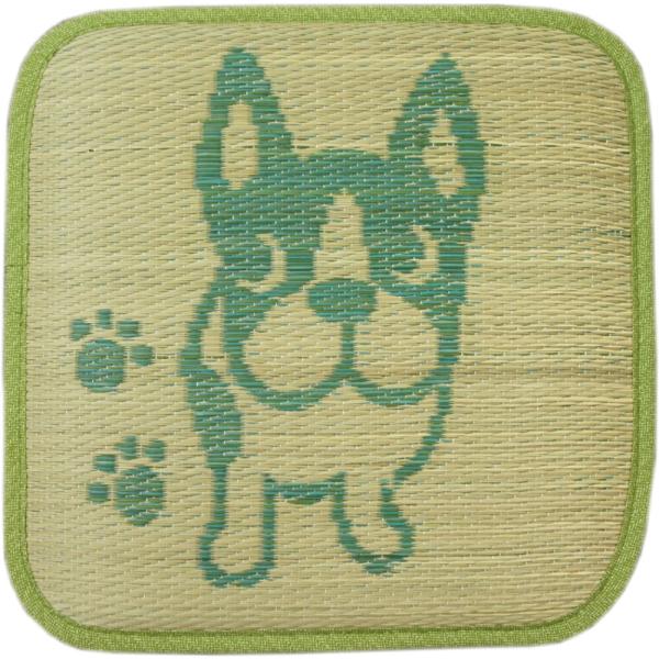 40x40 グリーン い草角座チェアパッド 「フレンチブルドッグ」