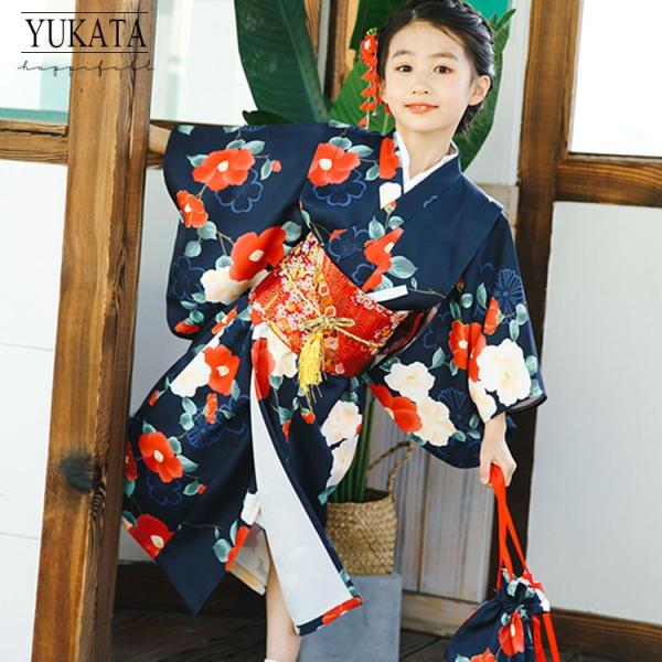 子供 浴衣 朝顔 桜 菊 女の子 セット ワンピース 3点セット 紺