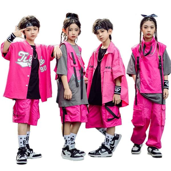 【12/21まで★10倍ポイントUP】キッズ ダンス 衣装 ピンク 子供ダンス 女の子 男の子 韓国 ベスト シャツ パンツ ストリート ステージ衣装 韓国 練習着 ゆったり