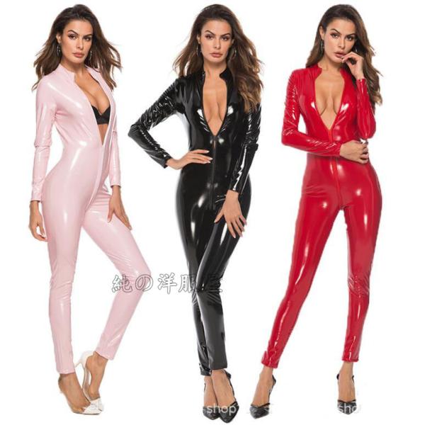 全身タイツ フェイクレザー エナメル キャットスーツ 光沢 セクシー系コスチューム レディース ハロウィン衣装 長袖 ボンテージスーツ ボディライン オールイン