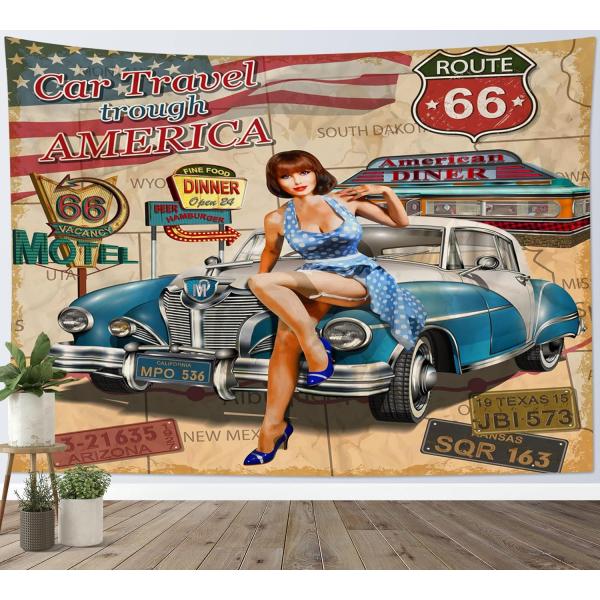 ヴィンテージ風 タペストリー 美女と車 アメリカ地図 ルート66 壁飾