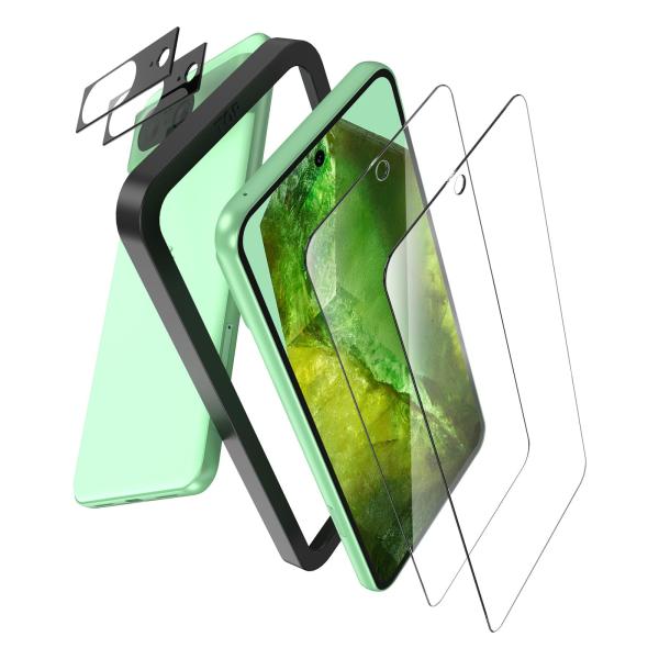 Google Pixel 8A 用 ガラスフィルム 保護フィルム 2枚 + カメラフィルム 2枚 旭硝子素材製 ガイド枠付き 強化ガラス 液晶保護フィルム 9H硬度 耐衝撃 気泡防止 ピクセル 8a 対応