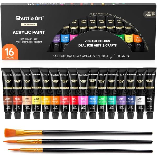 Shuttle Art アクリル絵の具 アクリル顔料 16色セット ペイントブラシ3本付き 速乾 耐久 チューブ 12ml 手作り 布/石/ガラス/