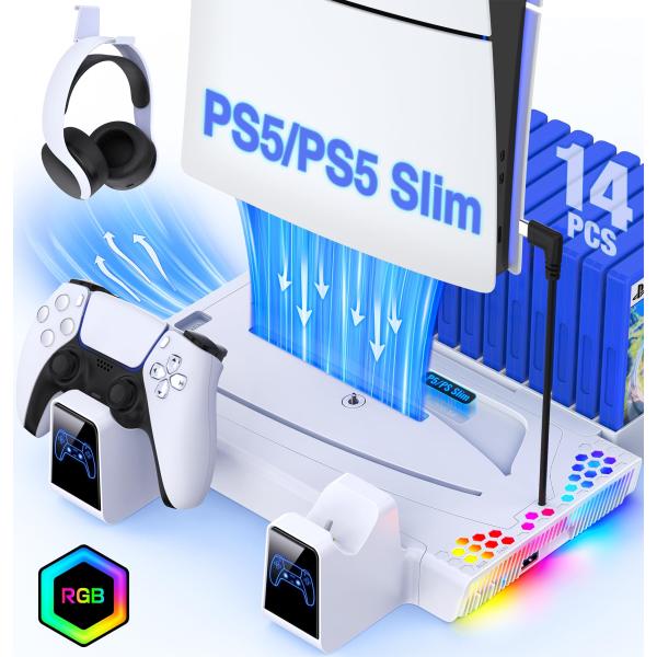 ps5 slim スタンド 縦置き 冷却ファン付き放熱 PS5/PS5 Silm コントローラー 充電スタンド 2台同時充電 新型ps5 3段階風