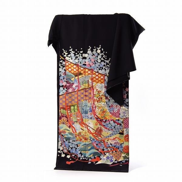 黒留袖 正絹 黒留袖 本加賀友禅 「毎田仁郎」氏作 手描き 几帳に花々