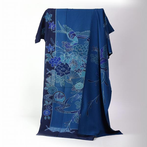 振袖 手縫いお仕立て付き 琉球藍型模様 縮緬 青色 裄72cm位まで