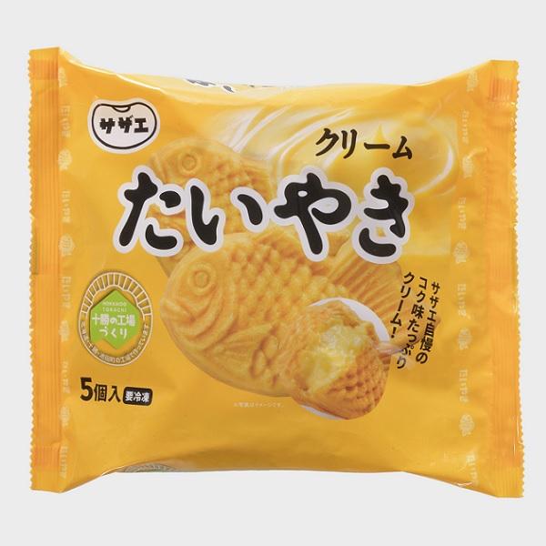 サザエのクリームたい焼き。店舗でも人気のこくうまクリームをたっぷり使い直火で焼き上げたクリームたい焼きです。是非ご賞味ください。【たいやき（クリーム）１箱】クリームたいやき（90ｇ5尾入）12袋入・この商品は、冷凍商品です。・たいやきは、加...