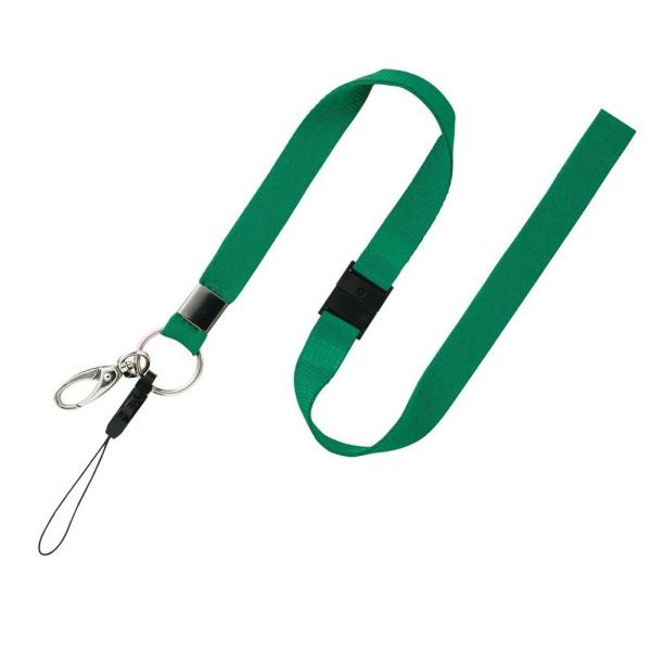 ★幅広タイプのストラップ■メーカー：オープン工業■品番：NB-205-GN■色：緑■販売単位：1本■長さ：約90cm■幅広タイプ：紐幅約15mm■負荷がかかると外れる安全装置付き■フックとマツバ付き。名札の他携帯電話などをセット可能＊ストラ...