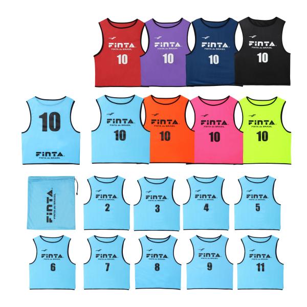 ブラジル生まれのサッカー、フットサルブランド・FINTA フィンタのジュニア用フリーサイズ・ビブス10枚セット。2〜11の連番のゼッケン付き。8色展開でトレーニングのフレキシブルなチーム分けが可能です。特殊なメッシュ素材で、下のカラーが写り...