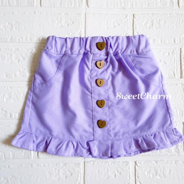 【メール便発送商品】【90cm】【95cm】ハートボタン/無地スカート/パープル/ベビー/セール/女の子/フリル/子供服