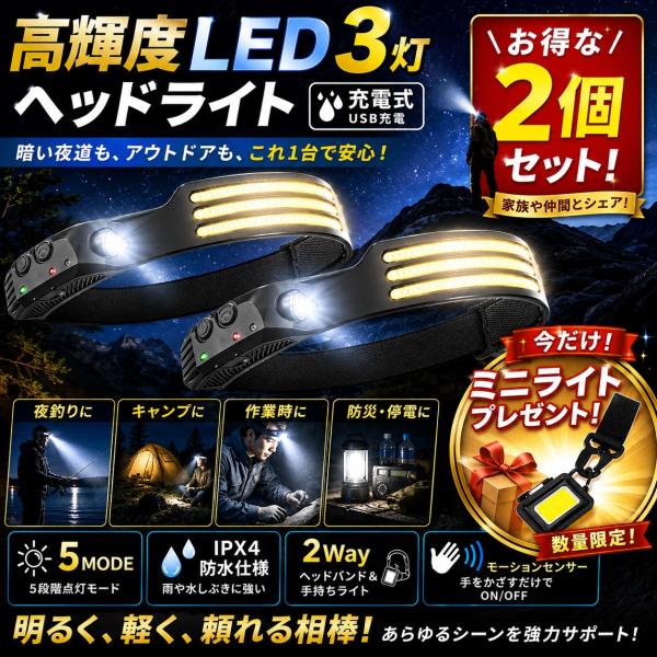 ヘッドライト 充電式 超強力 2個セット led ヘッドランプ センサー付 超軽量 広角照明 USB type-c 大容量バッテリー