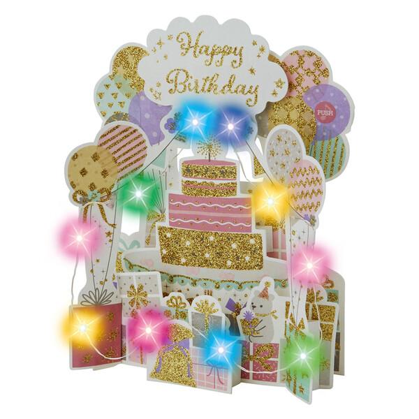 グリーティングカード 誕生日祝い ライト&amp;メロディー 風船とプレゼント 封筒付 立体 郵送可 電池交換可 サンリオ [02] 〔合計1100円以上で購入可〕