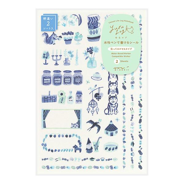 ゆるログ 水性ペンで書けるシール 2枚入 青い北欧柄 和紙 貼って