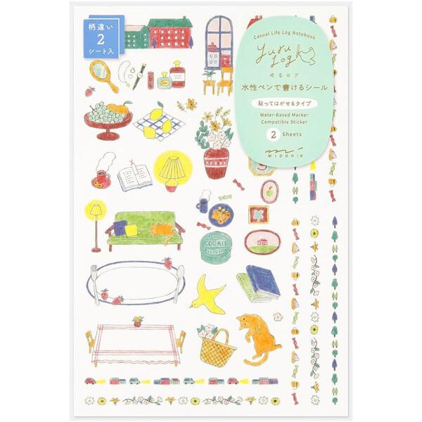 ゆるログ 水性ペンで書けるシール 柄違い2枚入 暮らし柄 和紙 貼ってはがせる 手帳 ノート デコ かわいい 日本製 ミドリ [01] 〔合計1100円以上で購入可〕