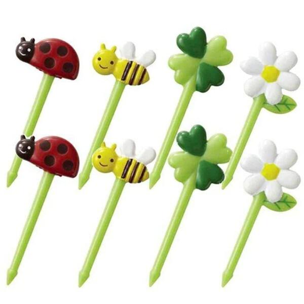 食事がもっと楽しくなる♪お弁当やパーティの彩りに活躍する「ピック」です。てんとう虫やクローバーなど、ハニー&amp;フラワーデザイン。4柄×各2本、楽しい8本入。【サイズ】・てんとう虫=約39×17×4.5mm・みつばち=約39×15×4m...