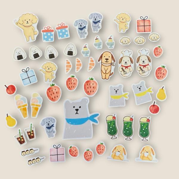 【セルフカット】フレークシール　食べ物　わんこ　55枚　A5サイズ　No.2640