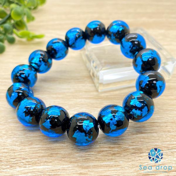 Sea drop ホタルガラス 14mm ビーズ ブレスレット ブルー 光る 蓄光 