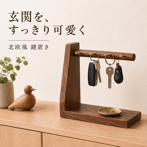 鍵置き 小物置き キースタンド 木製 北欧風 キーラック 鍵収納 鍵スタンド 玄関収納 4フック 小物トレー付き おしゃれ 木目調 卓上収納 キーホルダー収納