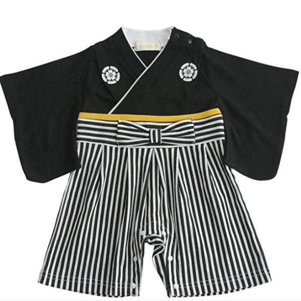 【60サイズ】黒はかまメイン素材: 65% ポリエステル, 35% 綿素材構成: 65% ポリエステル, 35% 綿サイズ：【70cm】身幅26cm・着丈50cm・股上40cm・袖丈19.5cm 男の子用の袴風ロンパース。お食い初めや命名式...