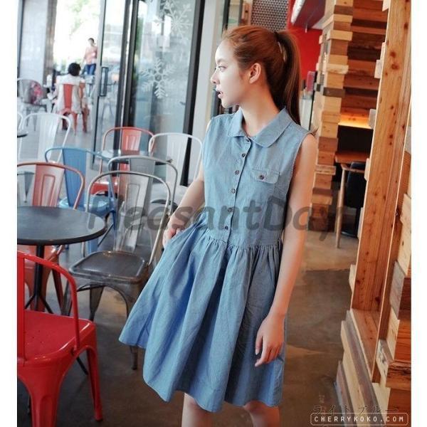 レディース☆ルネ　美品　ノースリーブデニムシャツワンピース　日本製　フレア38 ノースリーブフレアワンピース デニム ジーンズ ミニ レディース