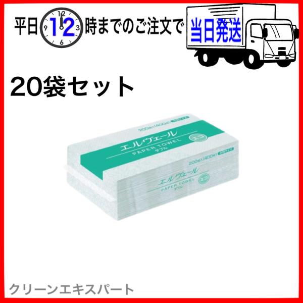 【20袋セット】エルヴェール ペーパータオル エコダブル 中判 703207（200組400枚×20パック）