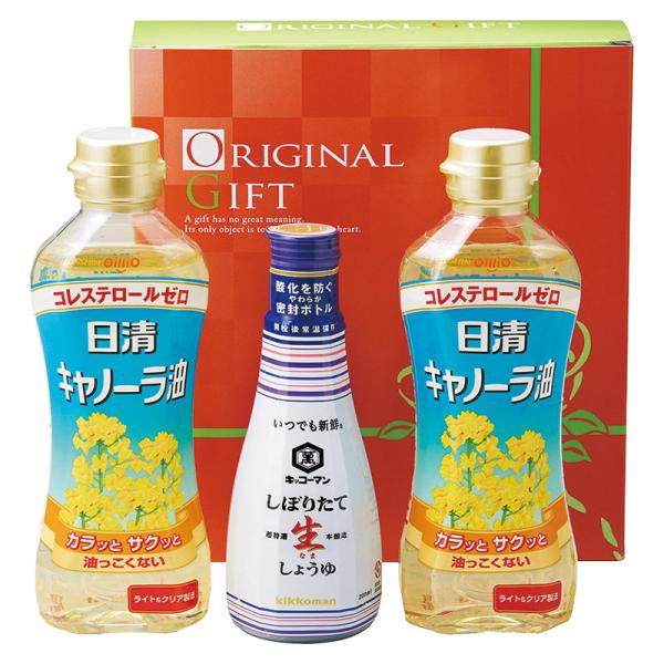 毎日の食卓にお役立ち、調味料ギフト。●パッケージ：化粧箱●パッケージサイズ：約63×208×223mm●内容：日清キャノーラ油（350g）×2、キッコーマンしぼりたて生しょうゆ（200ml）×1●重量：約1kg●アレルギー：小麦※製品リニュ...
