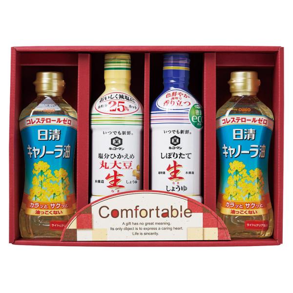 毎日の食卓にお役立ち、調味料ギフト。●パッケージ：化粧箱●パッケージサイズ：約234×320×71mm●内容：日清キャノーラ油（350g）×2、キッコーマンしぼりたて生しょうゆ（450ml）・キッコーマン塩分ひかえめ丸大豆生しょうゆ（450...