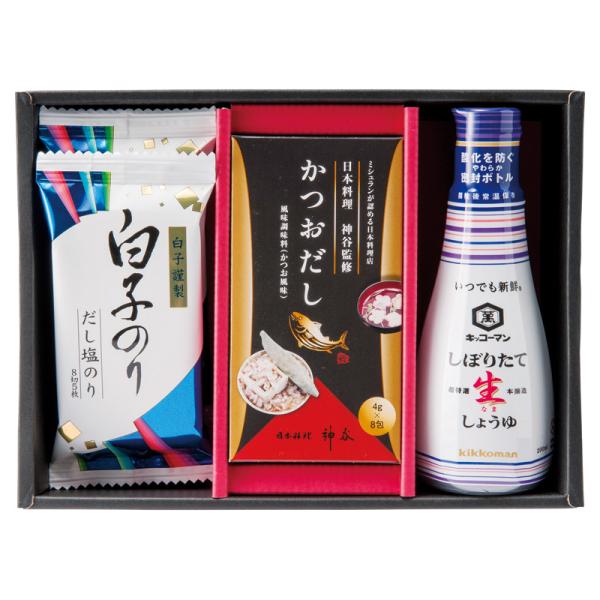 ミシュランが認める日本料理店「神谷」監修の味を家庭でもおたのしみください。●パッケージ：化粧箱●パッケージサイズ：約180×245×70mm●内容：キッコーマンしぼりたて生醤油（200ml）・かつおだし（4g×8袋）×各1、白子だし塩のり（...