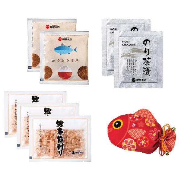 鯛をモチーフにした可愛い巾着パッケージに、そふと削り、のり茶漬け、かつおそぼろを入れました。●パッケージ：巾着袋●パッケージサイズ：約170×260×60mm●内容：そふと削り（2g）×3、のり茶漬け（4.3g）・かつおそぼろ（5g）×各2...