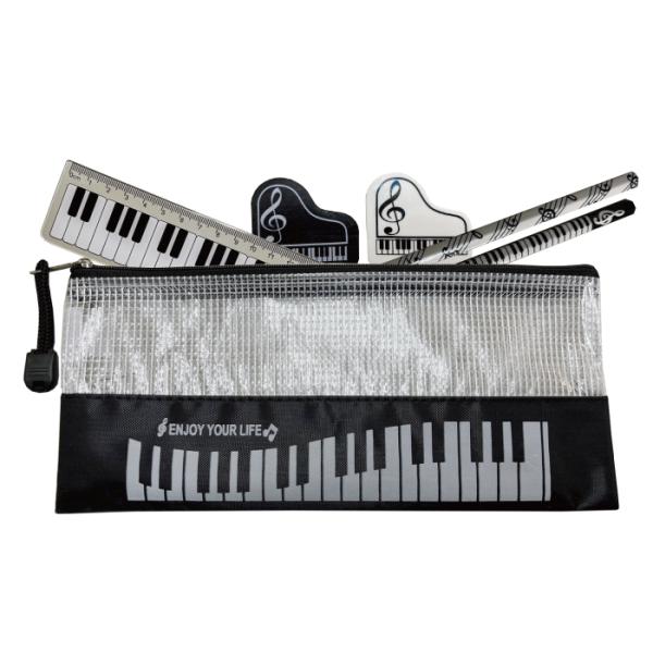 文具セット ピアノ 音符 ペンケース 消しゴム 鉛筆 15cm定規 黒 白