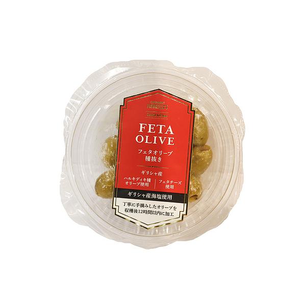 ガーリック風味に仕上げた種抜きオリーブと、フェタチーズをあわせました。オリーブの甘みにチーズの塩気がよく合います。