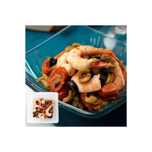 セミドライチェリートマトと2種オリーブを使用したスペインのタパス風マリネに海老をトッピング。よく混ぜてお召し上がりください。