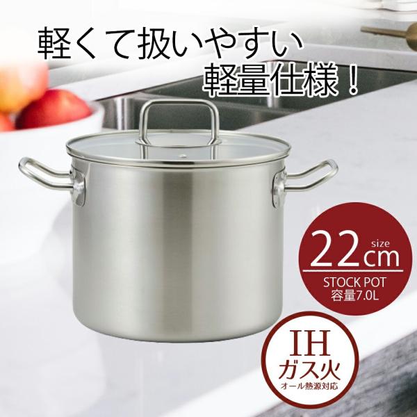 鍋 寸胴鍋 22 ストックポット 22cm ガラス蓋付 エコーズステンレス