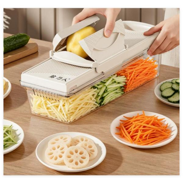 多機能ガーリックプレス＆野菜スライサー 千切りや超薄切りができる野菜カッター シュレッダー チョッパーとして多用途に活躍 幅広ハンドガード付き