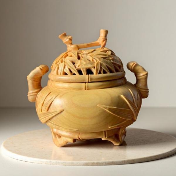 仏具 香炉 竹柄 ツゲ 木彫 (約)高11cm×幅10cm×奥行10cm : 星凌商店 