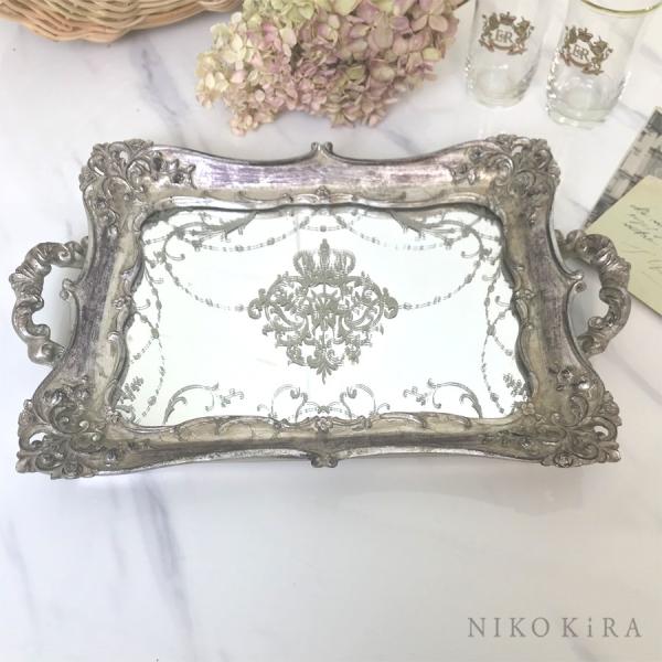 ミラートレー おしゃれ 鏡 ミラー ミラートレイ アンティーク フレンチ 有名な インテリア お盆 玄関 金 ゴールド 北欧 トレー トイレ エレガント 洗面