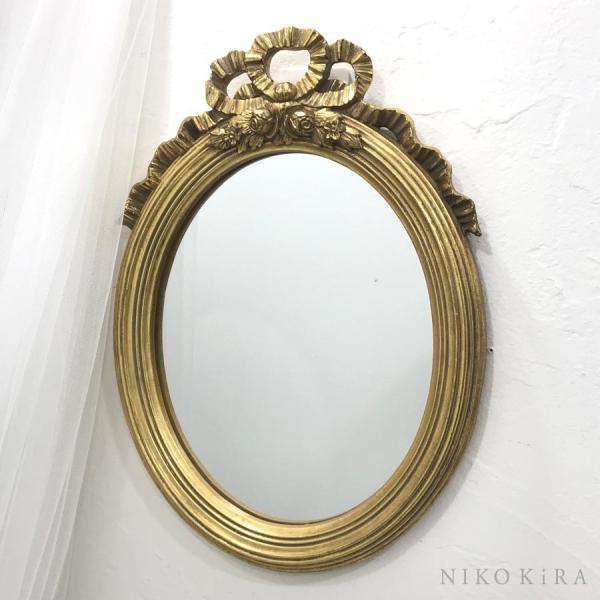 壁掛けミラー 激安通販 おしゃれ 鏡 ミラー ウォールミラー アンティーク 北欧 玄関 インテリア トイレ フレンチ オーバル 楕円 洗面 丸形 ゴールド 丸 リボン リビング