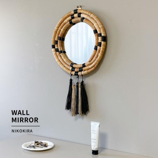 返品送料無料 アジアン ミラー 鏡 壁掛け おしゃれ ウォール 円形 丸 まる ナチュラル ホワイト トイレ ブラック 一人暮らし 北欧 天然 タッセル インテリア