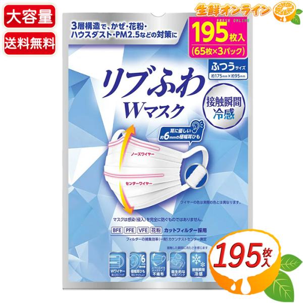 【リブふわ】Wマスク 不織布 冷感マスク ふつうサイズ 大容量 195枚 (65枚入×3箱)  3層構造マスク 不織布マスク プリーツ型 Wワイヤー【コストコ】