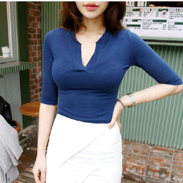 五分袖 カシュクール タイトトップス 透け感が美しいVネックTシャツ