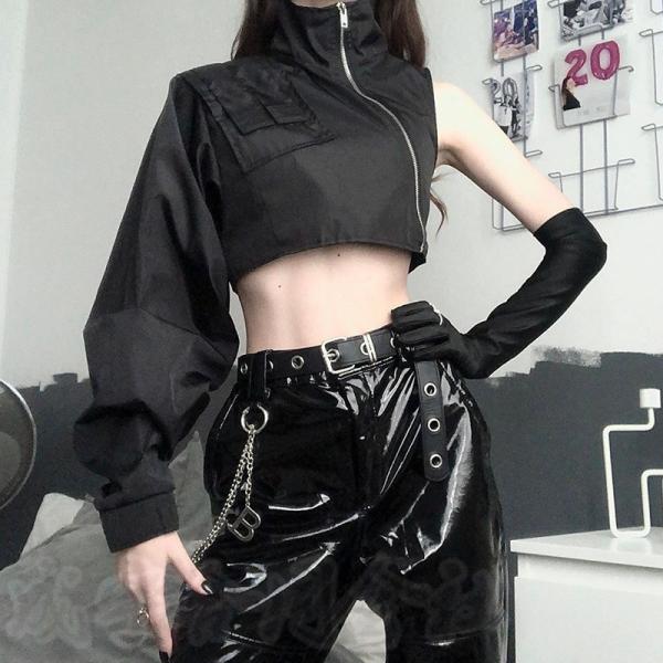 即納 ワンショルダー 長袖 パーカー レディース タートルネック 無地  