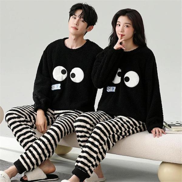 ペアパジャマ 冬  男女2着 セット 長袖 可愛い uネック ボーダー カップル ペア ルームウェア ペア パジャマ 夫婦 もこもこ メンズ ペアパジャマ 秋 結