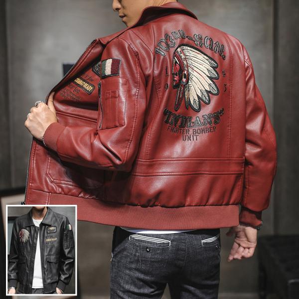 革ジャン メンズ 冬レザージャケット 裏起毛 ジャケット 刺繍 おしゃれ