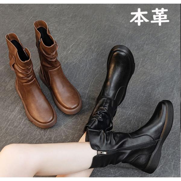 ブーツ レディース 本革 ミドルブーツ 紐なし サイドジッパー 黒