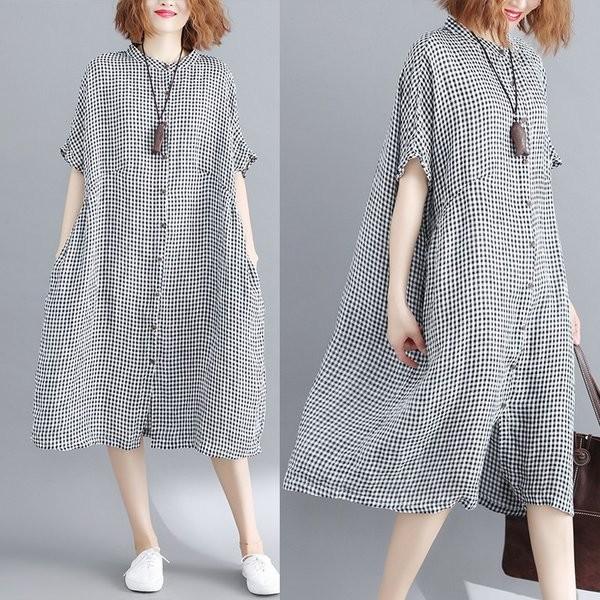 レディースワンピース ロング丈 チェック柄ゆったり ゆめかわ 半袖 ボタン おしゃれ フリーサイズ Ypt Or Id